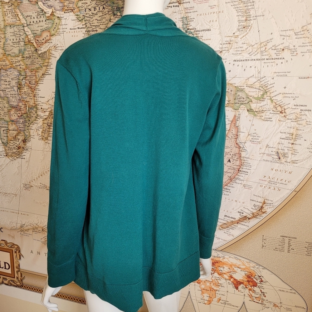 Lands End long teal green cotton cardigan pockets grandma core casual work S/P - Picture 9 of 9